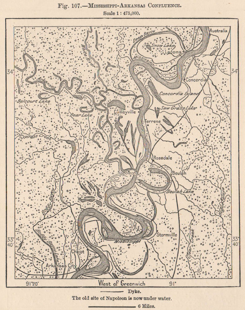 Mississippi-Arkansas confluence 1885 old antique vintage map plan chart